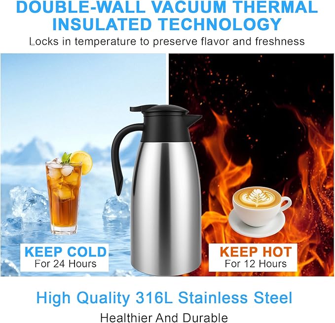 4 PCS 68 Oz Thermal Coffee Carafe with 4 PCS Brushes, 316L Stainless Steel Double Walled Vacuum Insulated Coffee Carafes for Keeping Hot 12 Hours, Cold 24 Hours, Carafe for Hot Liquids, Beverages