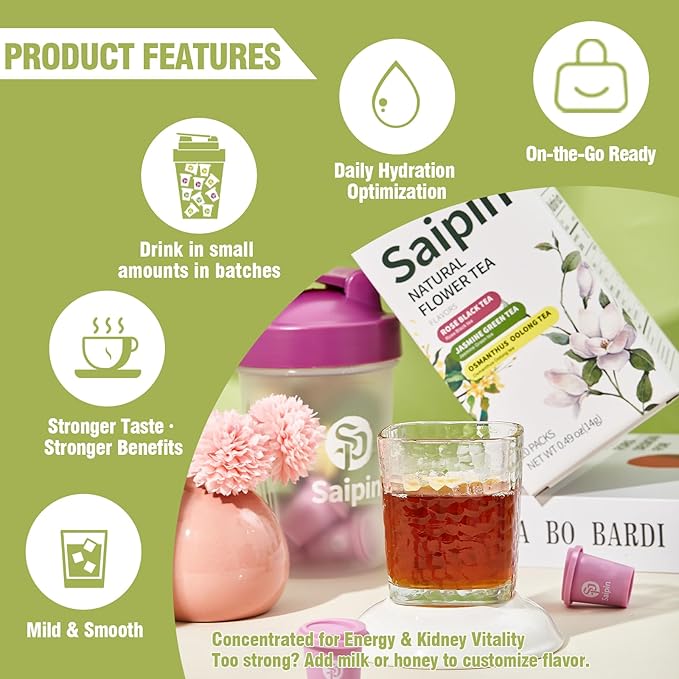 SAIPIN Herbal Tea,3 Assorted Flavors, Jasmine/Rose/Osmanthus Flower,20 Pack,No Additives,Premium Instant Tea with Shaker Bottle,Cold Brew Freeze Dried For Freshness Saipin,3 Seconds Instant,Hot And Cold Soluble,Stress Relieving,Immune Support