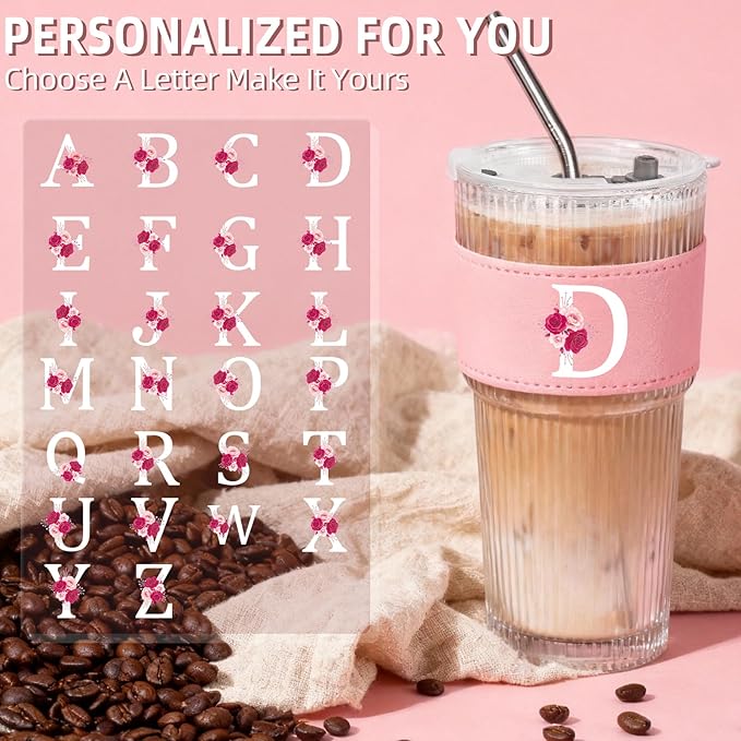 Personalized Gifts for Women,20oz Ribbed Glass Tumbler,Monogrammed Gifts for Women,Birthday Gift,Ice Coffee Mug,Christmas Gift for Mom Sister-D