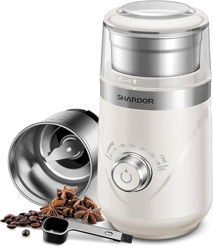 SHARDOR Electric Super Silent Blade Coffee Grinder, Timed Grind Control Rotary Knob, Adjustable Coarse to Fine for Coffee Beans, Spices & Herbs, with 1 Removable Stainless Steel Bowl, Cream