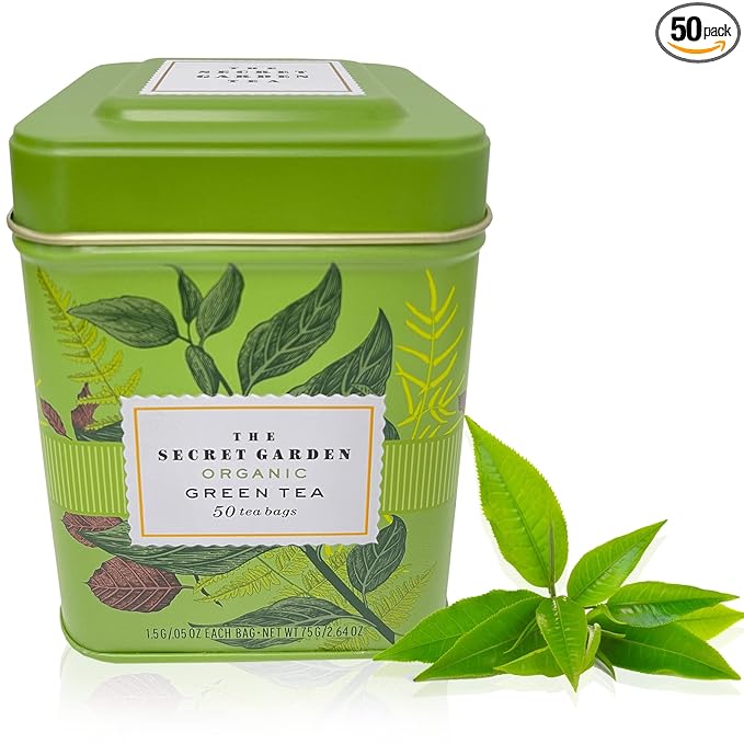 100% Organic Ceylon Green Tea - 50 Packets - Natural Antioxidant Rich Herbal Leaf Teabags - USDA Certified and Non-GMO - Caffeinated Premium Gift Tin