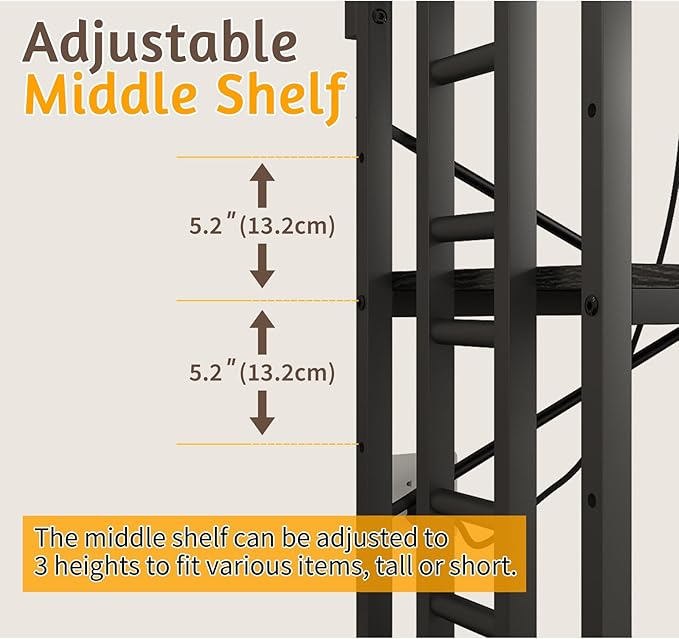 Adjustable Bakers Rack with Power Outlet,Coffee Bar Station with Led Lights,Microwave Stand with Storage,5-Tier Kitchen Shelf,Kitchen Storage Rack for Spices, Pots and Pans,Rustic Brown,Black