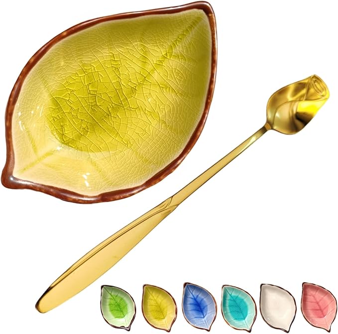 Coffee Spoon and Rest for Coffee Bar Accessories, Leaf Small Spoon Rest for Coffee Station, Tea Spoon Rest Tea Spoon Holder Teaspoon Rest, 1 PC (Ice Cracks Fall Yellow with Gold Rose Spoon)