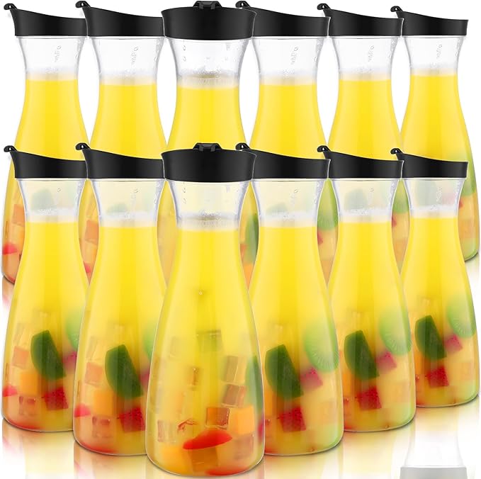 Xinnun 12 Pcs Water Carafe with Flip Top Lid Plastic Carafe with Black Lid Clear Plastic Water or Juice Beverage Pitcher Jug for Restaurant Party School Bar Juice Milk Coffee (35 oz)