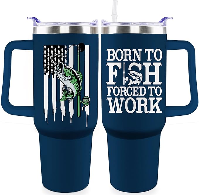 Fishing Tumbler with Handle For Men 40OZ Born to Fish Gift Stainless Steel Cups Insulated Tumblers Fisherman Gifts For Dad Daddy Funny Saying Green Fish White Mugs
