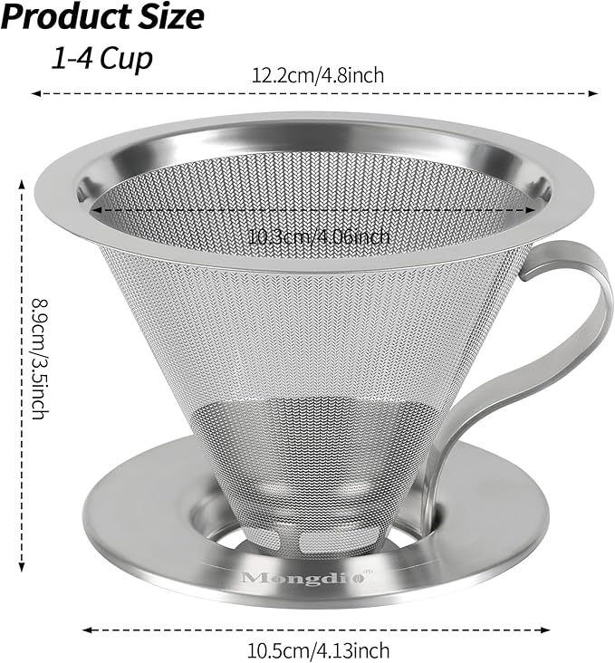 Mongdio Pour Over Coffee Dripper, Stainless Steel Coffee Dripper, Reusable Metal Coffee Filter, Double-Mesh Design, Clever Dripper with Handle, For Home, 1-4 Cups