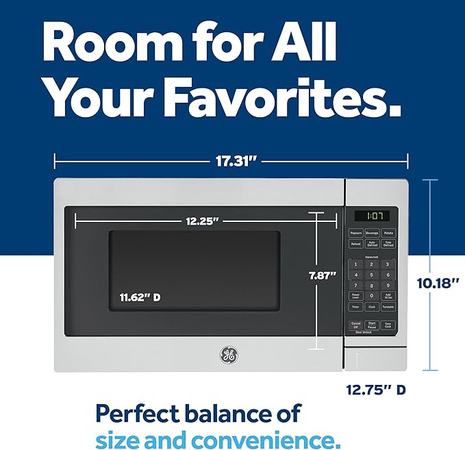 GE Countertop Microwave Oven, Compact 0.7 Cubic Ft., 700-watt Capacity, 6 Auto Cooking Settings, Child-Lock Technology, Kitchen Essentials for the Countertop, Dorm Room or Apartment, Black