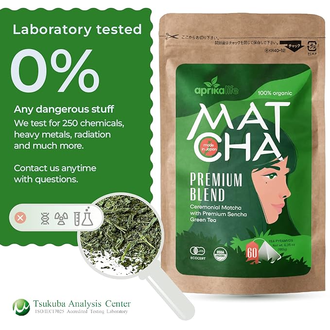 Organic Japanese Matcha Green Tea Bags - Ceremonial Grade Matcha Powder and 1st Harvest Spring Sencha Blend for Unforgettable Taste - 60 Tea Pyramids by Aprika Life