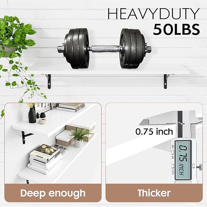 Kaboon 45 inch Long 10 inch Deep Floating Shelves for Wall Set of 2, Large Open Shelves Wall Mounted, Space Saving Home and Commercial Use, White