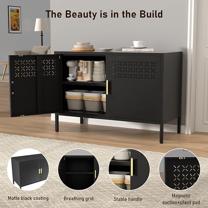 Storage Cabinet, Metal Accent Locker Storage Cabinet with 2 Doors, Magnetic Closure, Adjustable Shelf, Tv Stands & Metal Nightstand for Living Room, Entryway and Home - Black