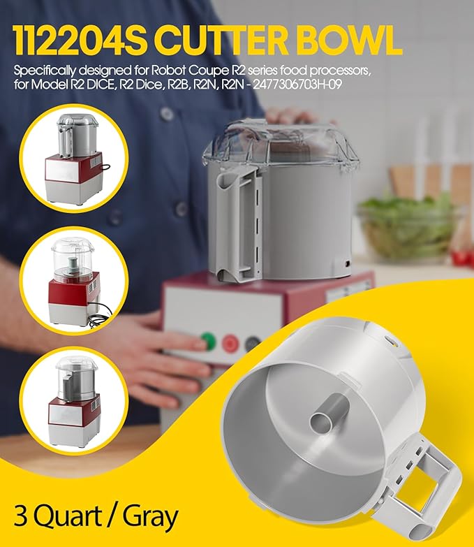 112204S Cutter Bowl Fit For Robot Coupe R2 3L Gb, R2 DICE, R2 Dice, R2B, R2N, R2N-2477306703H-09 Food Processor, 3 Quart Batch Bowl, Gray