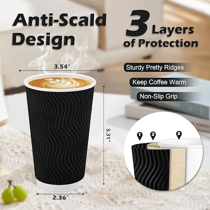 Lamosi Disposable Coffee Cups 16 OZ 500 Pack, Paper Coffee Cups 16 OZ for Hot Drinks or Cold Beverages, Insulated Corrugated Ripple Wall Cup No Lids for Office, Cafe, Home or Travel (Black)
