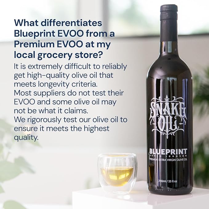 Blueprint by Bryan Johnson Olive Oil – Snake Oil- High Polyphenol Extra Virgin Olive Oil (400+ mg/kg) – Cold Pressed, Early Harvest, First Cold Press EVOO – Keto, Paleo, Non-GMO – 750ml Glass Bottle