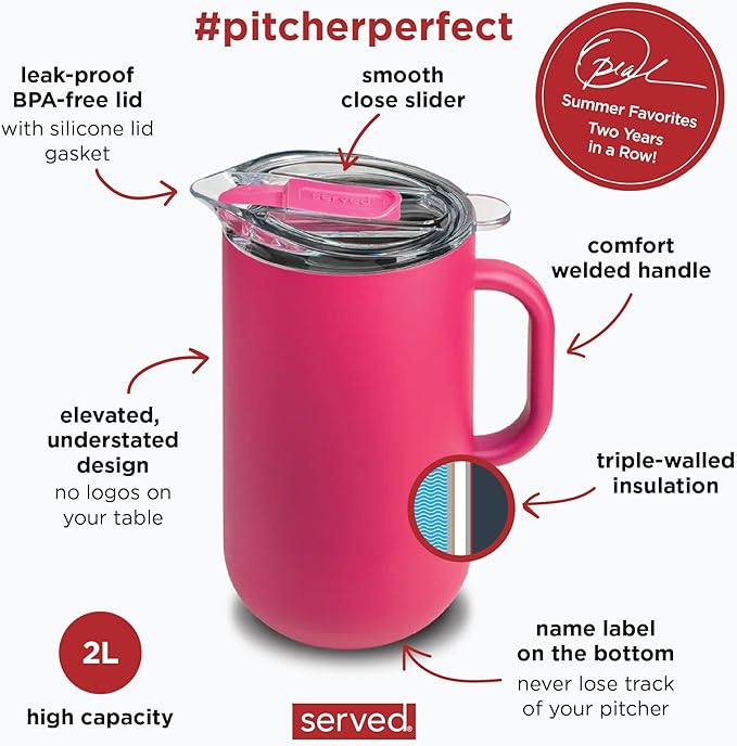 Served Premium Insulated Pitcher (2L/66oz) - Double Walled, Copper Lined Stainless Steel Pitcher with Lid - Vacuum Insulated Carafe for Hot Coffee, Tea, Iced Drinks, Water, Cocktails, and More