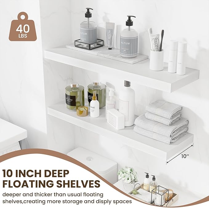Fun Memories Floating Shelves Set of 2, 36 Inch Long Wooden Wall Shelves, 10 Inch Deep Wall Mounted Storage Shelf with Metal Brackets for Living Room, Bathroom, Bedroom and Kitchen, White