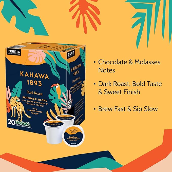 Kahawa 1893 Dark Roast Coffee K-Cup Pods Serengeti Blend (60 Count) - As Seen on Shark Tank, Low Acid, High Antioxidants, Naturally Sweet, Organically Grown, Ethically & Sustainably Sourced