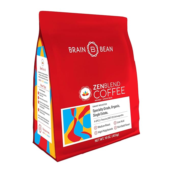 Brain Bean Zen-Blend Organic Coffee Whole Bean with Caprylic Acid MCT (C-8), A-GPC, L-Theanine & Ashwagandha Extract - Premium Grade Organic Coffee Beans for Focus & Calm Support (16 Oz)