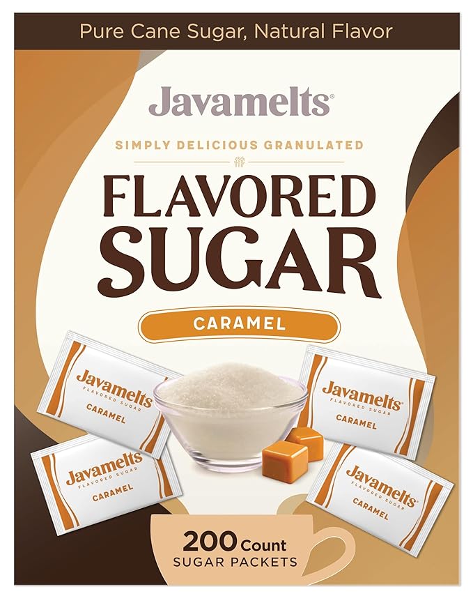 Javamelts Caramel Flavored Sugar Packets | Pure Cane Sugar for Baking, Coffee Syrup Substitute, Cocktails, Tea | Non GMO, Non Dairy, Gluten Free, Kosher | 200 Bulk Sugar Packets