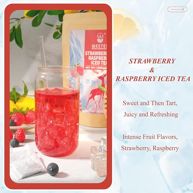 WT WEETEE Strawberry & Raspberry Herbal Iced Tea, 100 Count Cold Brew Hibiscus Iced Tea Bags, Rich Tartness & Sweetness, Caffeine-Free, No Artificial Sweeteners