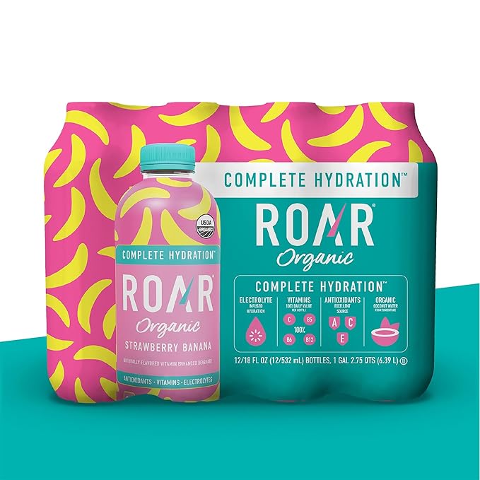 Roar Complete Hydration Organic - Electrolyte Drinks Loaded with Vitamins C, B5, B12 - Non-GMO, Gluten-Free - Strawberry Banana - 12 pc