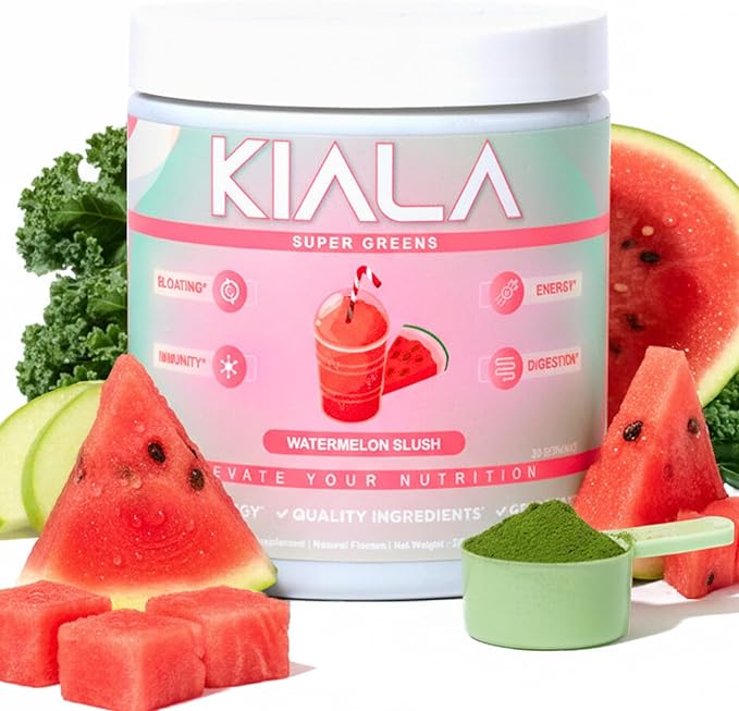 Kiala Nutrition Super Greens, Organic Greens Powder with Spirulina & Chlorella for Digestion, Gut Health, Immunity, Energy, Gluten Free, Vegan, Sugar Free, Spectra Blend, Watermelon Slush, 30 Servings