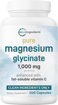 Pure Magnesium Glycinate 1,000mg, 300 Capsules | 100% Chelated for Max Absorption | Support for Sleep, Muscle, Heart & Nerve Health* | Enhanced with Vitamin C | Only Uses Active Ingredients