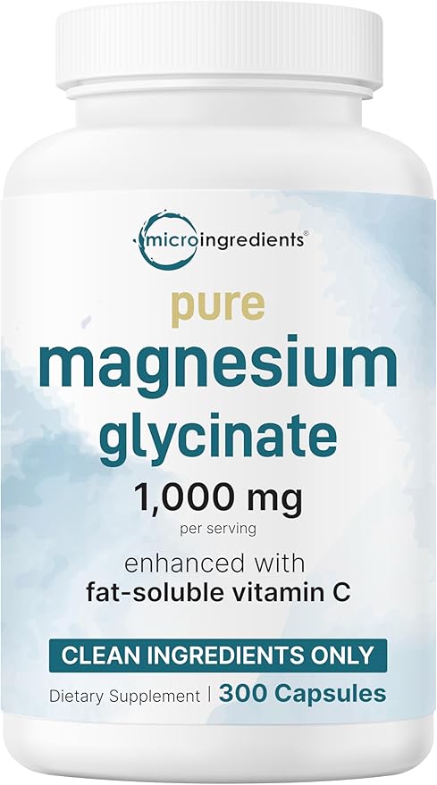 Pure Magnesium Glycinate 1,000mg, 300 Capsules | 100% Chelated for Max Absorption | Support for Sleep, Muscle, Heart & Nerve Health* | Enhanced with Vitamin C | Only Uses Active Ingredients