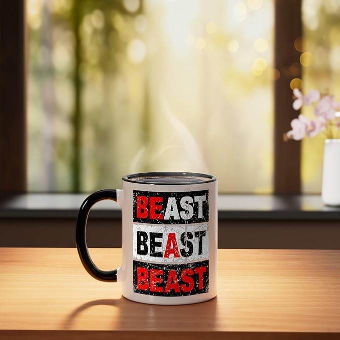 Retro Be A Beast Gym Training Shirt Ceramic Mug, Black/White