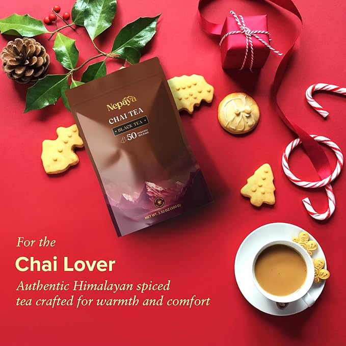 Nepaya Masala Chai – 50 Pyramid Black Tea Bags, Spiced with Ginger, Cardamom & Cinnamon, Biodegradable, High Caffeine, Himalayan Whole-Leaf