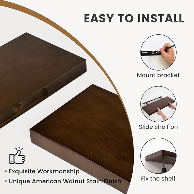 48 Inch Floating Shelf for Fireplace Mantel - 8 Inch Deep Rustic Solid Pine Wood Wall Shelf - Farmhouse Style Shelf with Heavy-Duty Metal Brackets - 48"W x 8"D - American Walnut, Set of 1