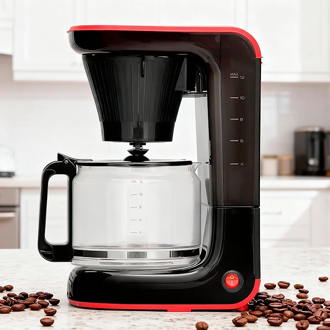 Taurus Velvet 12-Cup Drip Coffee Maker, Glass Carafe, Modern Compact Design, Non-Programmable, Easy-Clean Reusable Filter, Auto Shut-Off, Black
