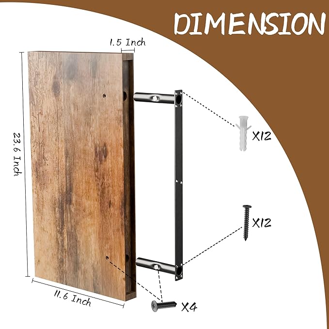 Rustic Brown 24 Inch Floating Shelves for Wall, Wooden 12 Inch Deep Floating Shelves Set of 2, Wall Shelves for Bathroom over Toilet, Live Edge Display Shelf with Invisible Brackets for Home Decor