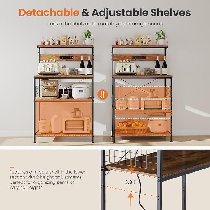 Sweetcrispy Kitchen Bakers Rack with Power Outlet, Coffee Bar Table 4 Tiers, Microwave Oven Stand Station, Adjustable Storage Shelf Freestanding Appliance Organizer - 24 Inch, Rustic Brown