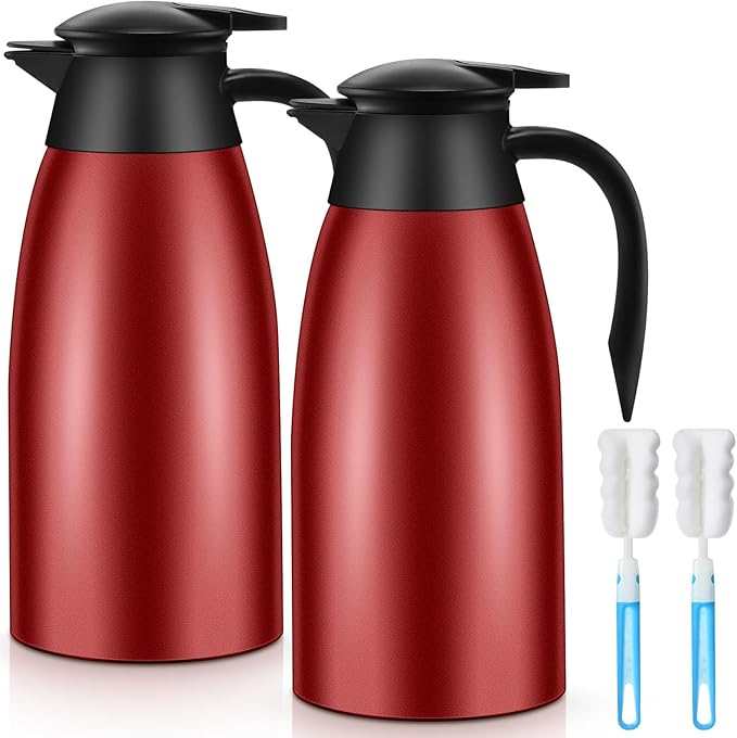 Uiifan 2 Pcs 68oz Thermal Coffee Carafe Insulated Stainless Steel Thermal Coffee Carafe Double Walled Vacuum Flask Carafes with Brushes for Keeping Tea for 12 Hours(Wine Red)