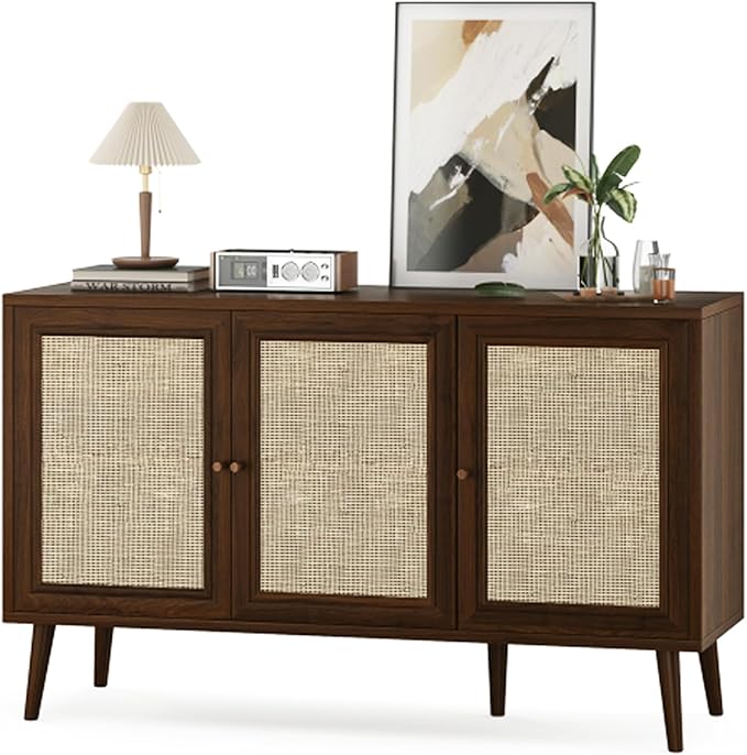 47.2" Buffet Cabinet with Storage Accent Sideboard, Modern Kitchen Cabinet with Rattan Doors, Wood Coffee Bar Table Console for Kitchen Living Room Entryway, Walnut