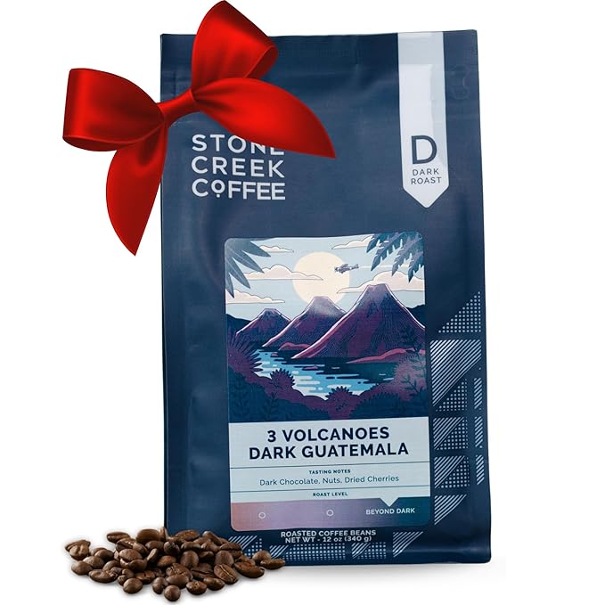 Stone Creek Coffee Dark Roast Whole Bean Coffee – 12 Ounce (Pack of 1) – Smooth Fresh Roasted Coffee Beans with Dark Chocolate Tasting Notes, 3 Volcanoes Dark Guatemala