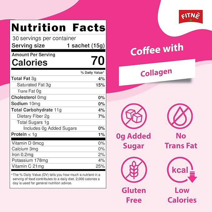 FITNE Instant 3 In 1 Coffee Packets Mix With Natural Hydrolyzed Collagen Vitamin C Smooth Blend Tasty Aromatic No Sugar Sucralose Sweetener, 30 Sachets
