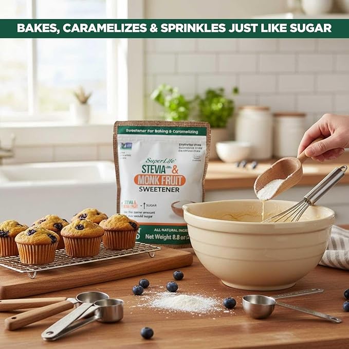 Super Life Stevia & Monk Fruit Sweetener – Low-Glycemic Index, Erythritol-Free Sugar Alternative for Baking, Beverages & Caramelizing | Non-GMO, Low-Calorie, Keto Diet Friendly – 8.8oz / 250g
