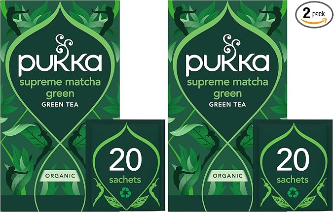 Pukka Supreme Matcha Green Organic Herbal Tea, Energizing Infusion Organic Tea Selection, with Matcha Powder, Ideal for Daily Vitality, Caffeine Free, 20 Total Bags (Pack of 2)