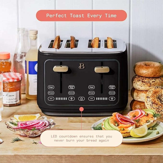 Beautiful 4 Slices Toaster - 7 Shade Settings, Touch Display, Extra-Wide Slots for Bagels, Gluten-Free & Frozen Presets, LED Countdown, Removable Crumb Tray, 1800-watt toasting system- Black Sesame