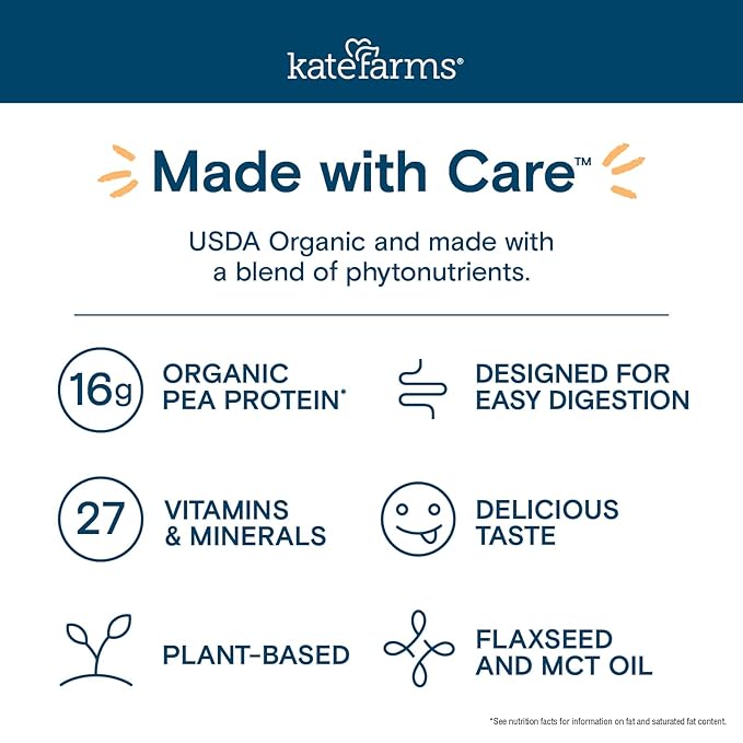 Kate Farms Organic Nutrition Shake, Strawberry, 16g Protein, 27 Vitamins and Minerals, Meal Replacement, 11 oz, 12 Pack