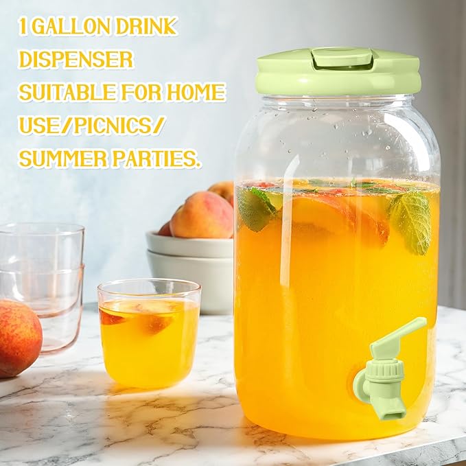 Havawish 2 Pcs 1 Gallon Plastic Beverage Dispenser with Spigot Clear Summer Kitchen Fridge Drink Dispenser for Parties Lemonade Juice Tea Beer Cold Water(Green,Cylinder)
