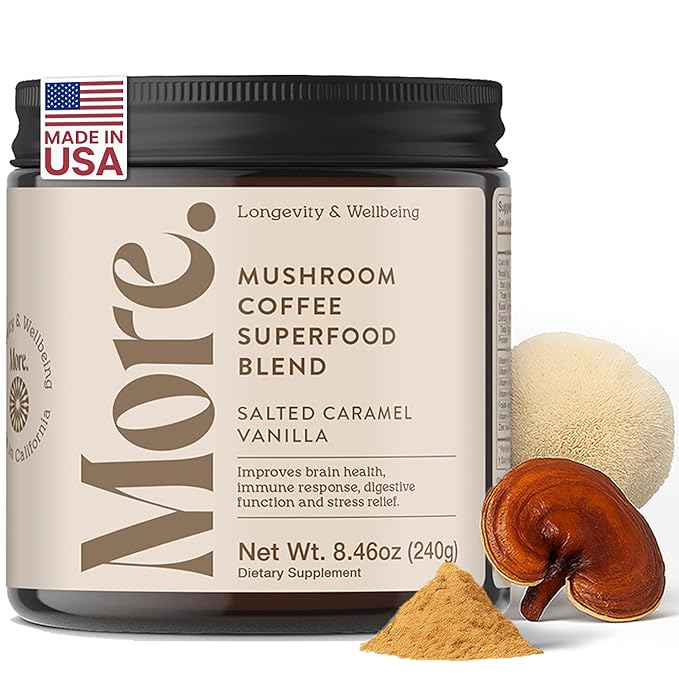 More. Longevity & Wellbeing Premium Mushroom Coffee Superfood – 7 Functional Mushrooms with Lions Mane Supplement, Reishi, Chaga & Ashwagandha Extract, Instant Coffee Alternative with Prebiotics and Essential Vitamins for Focus & Energy, Salted Caramel