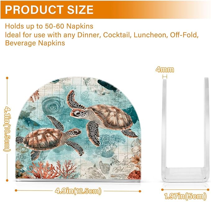 Vintage Ocean Sea Turtle Map Napkin Holder for Table Paper Cocktail Napkin Holders for Kitchen Dinning Acrylic Dinner Napkin Dispenser for Dinner Home Decor Bar 1 Pack