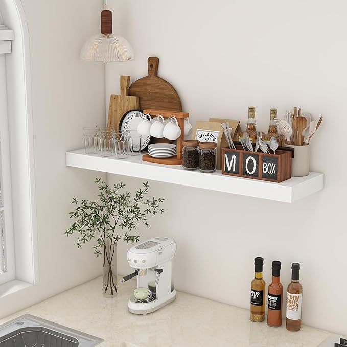 48 Inch White Floating Shelf | 12 Inch Deep Floating Shelves Set of 1 | 48" D x 12" D Rustic Wood Shelves for Wall | Deep White Shelves for Living Room Bathroom Laundry Room Kitchen