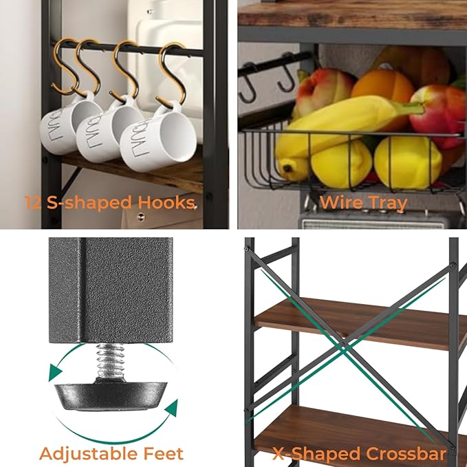 Luckyeestar Kitchen Bakers Rack with Power Outlet, 35.4" 6-Tier Microwave Stand, Coffee Bar with 12 S-Shaped Hooks, Adjustable Feet Pads&150lbs CapacityKitchen Shelf with Wire Basket, Rustic Brown