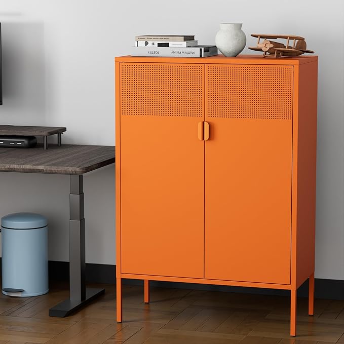 Metal Storage Cabinet,Kitchen Pantry Storage Cabinet,Metal Sideboard with 2 Doors and 2 Adjustable Shelves,Orange Locker Cabinet for Home,Bathroom,Hallway,Office,Dining Room