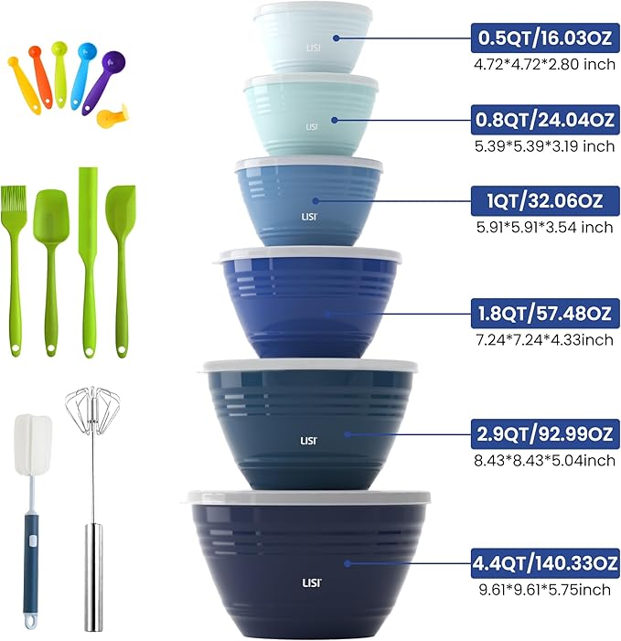 LISI 6 Pack Mixing Bowl Set with Lids, Plastic Bowls for Kitchen, Nesting Salad & Meal Prep Bowls, BPA-Free, Large Storage Bowl with Airtight Lids