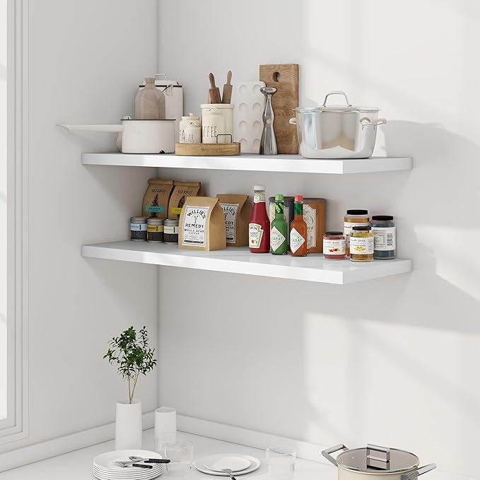 Dreamland 40" Floating Shelves for Wall, 12" Deep Slim White Floating Shelves, Wall-Mounted Shelves for Bedroom, Living Room, Kitchen, Bathroom - Set of 2