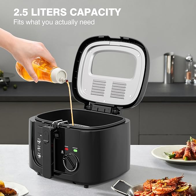 1500W Electric Deep Fryer with Adjustable Temperature Control, 2.5L Non-Stick Basket & Viewing Window, Folding Handle and Locking Cover for Easy Storage, Black